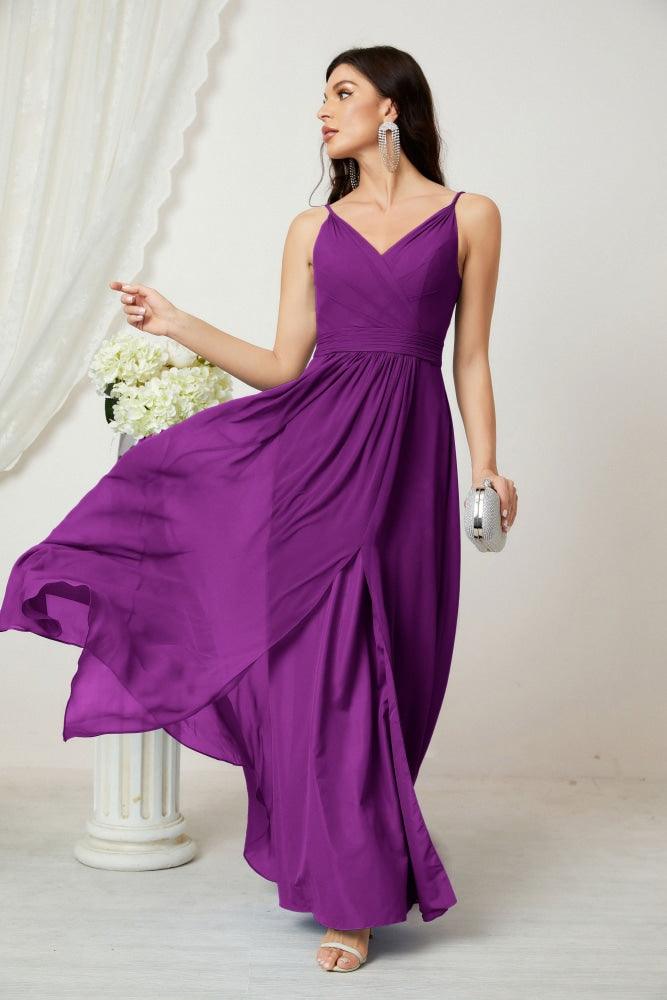 Numbersea Chiffon V-Neck Bridesmaid Dress Spaghetti Strap Long Formal Party Prom Gowns with Slit 28010-numbersea