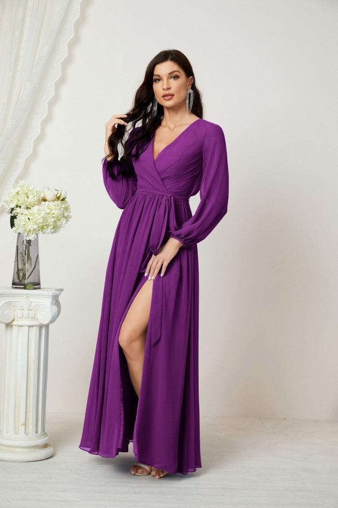Numbersea Evening Dresses Deep V-Neck Chiffon Bridesmaid Dresses Long Bishop Sleeve Side Split Formal Dress 2806-numbersea