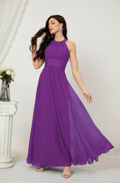Numbersea Formal Party Gown Dress Chiffon Halter Long Sleeveless Bridesmaid Dresses 2802 Purple