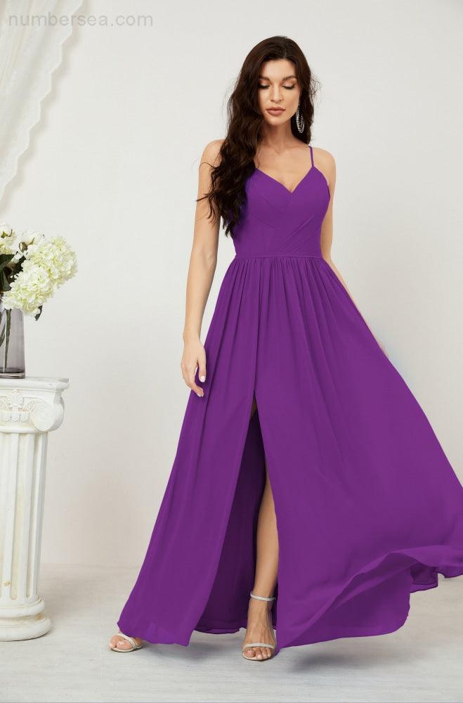 Numbersea Neck Bridesmaid Dresses Chiffon Long Spaghetti A-line Formal Prom Gown for Wedding Party Evening 2801-numbersea