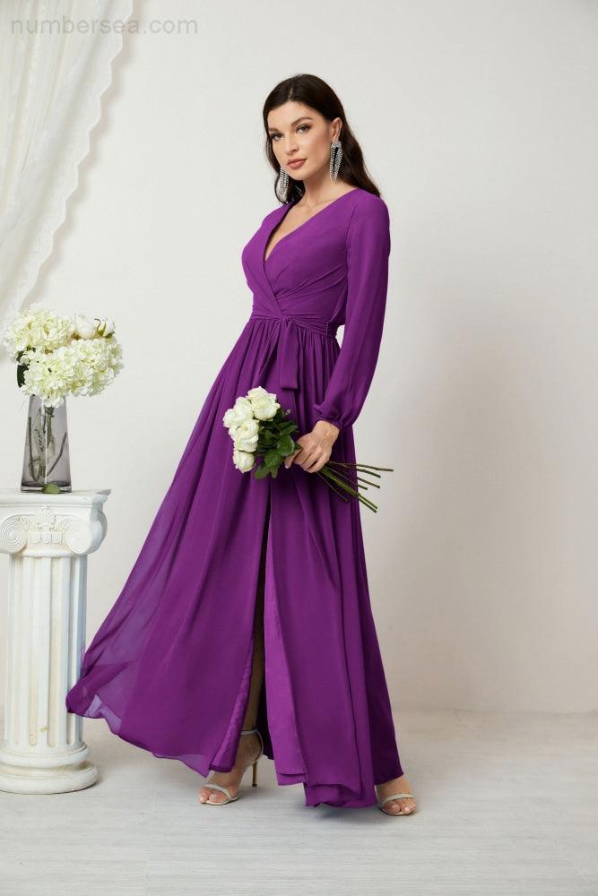 Numbersea Evening Dresses Deep V-Neck Chiffon Bridesmaid Dresses Long Bishop Sleeve Side Split Formal Dress 2806-numbersea
