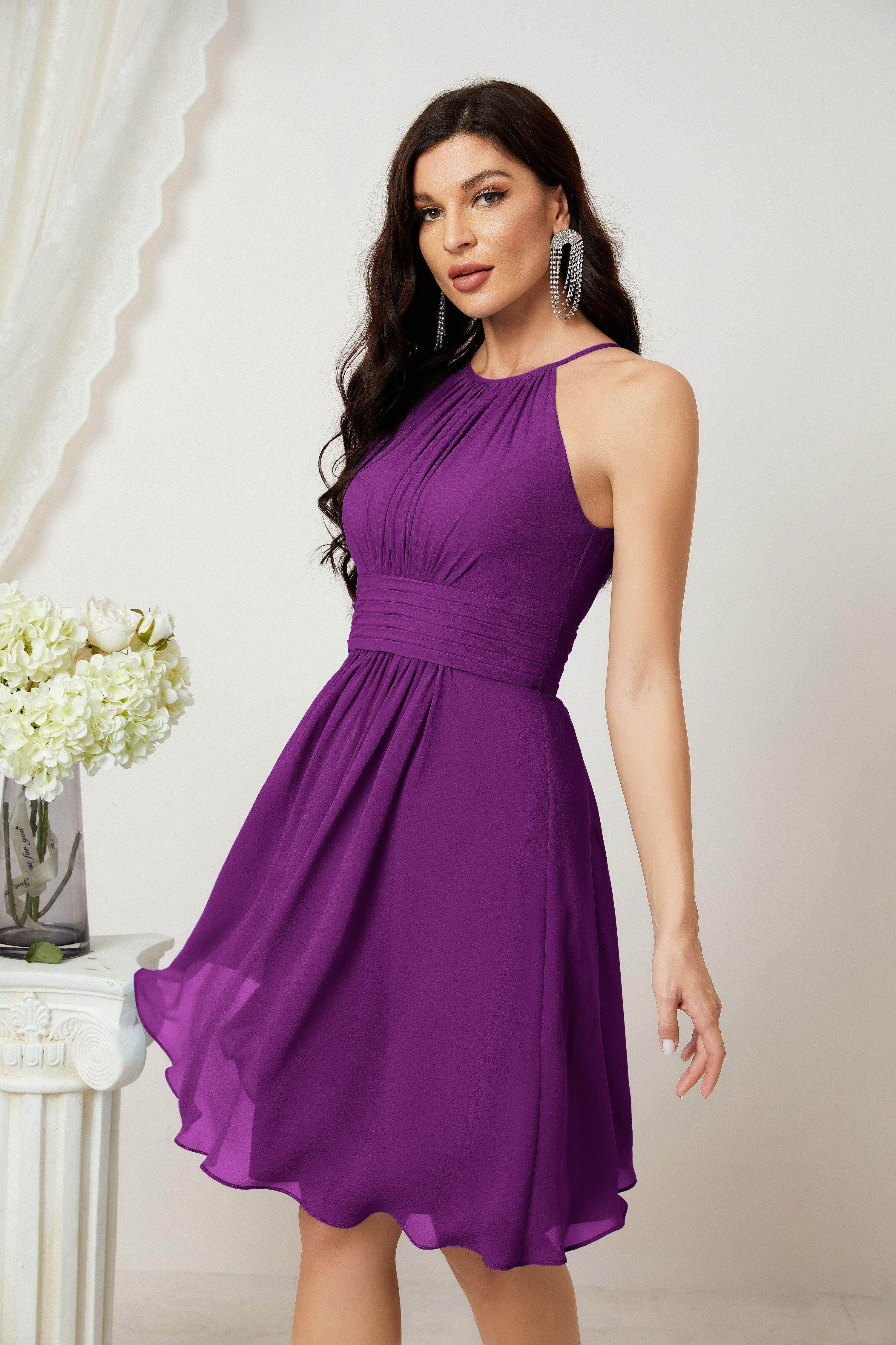 Halter Bridesmaid Dresses Knee Length A Line Formal Evening Party Cocktail Dress 28011