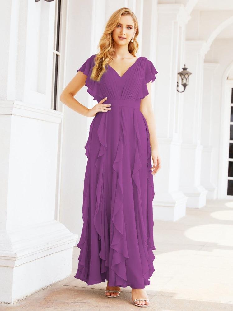 Ruffled Bridesmaid Dresses with Sleeves Long Formal Party Dress 28041-numbersea