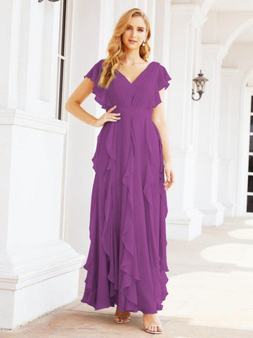 Ruffled Bridesmaid Dresses with Sleeves Long Formal Party Dress 28041-numbersea