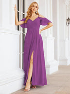 Numbersea Cold Shoulder Long Bridesmaid Dresses Side Slit Formal Prom Gowns Party Wedding 28070-numbersea