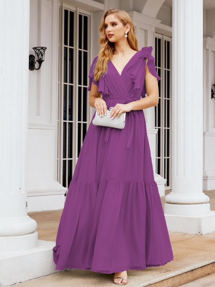 Numbersea Women's Open Back Formal Evening Party Prom Gowns V-Neck Long Chiffon Bridesmaid Dresses with Waist Belt 28038-numbersea