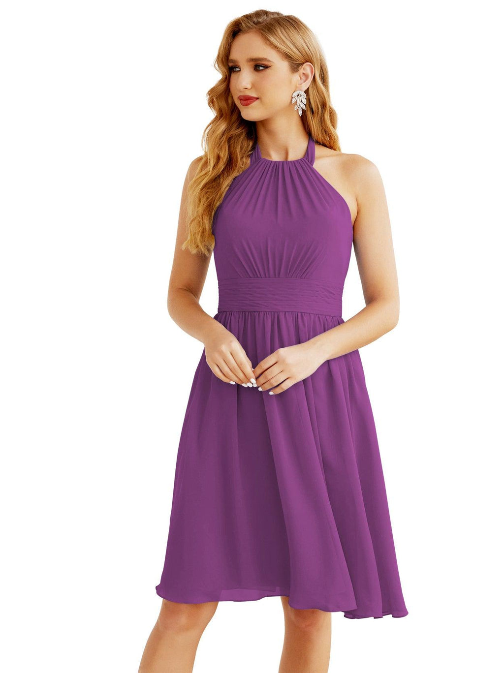 Numbersea Neckholder-Brautjungfernkleid aus Chiffon, kurz, ärmellos, formelles Partykleid, offener Rücken, 28023