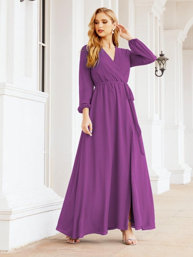 Numbersea Women's Chiffon Bridesmaid Dress A line Long Sleeves Formal Evening Prom Gown for Wedding Guest 28032-numbersea