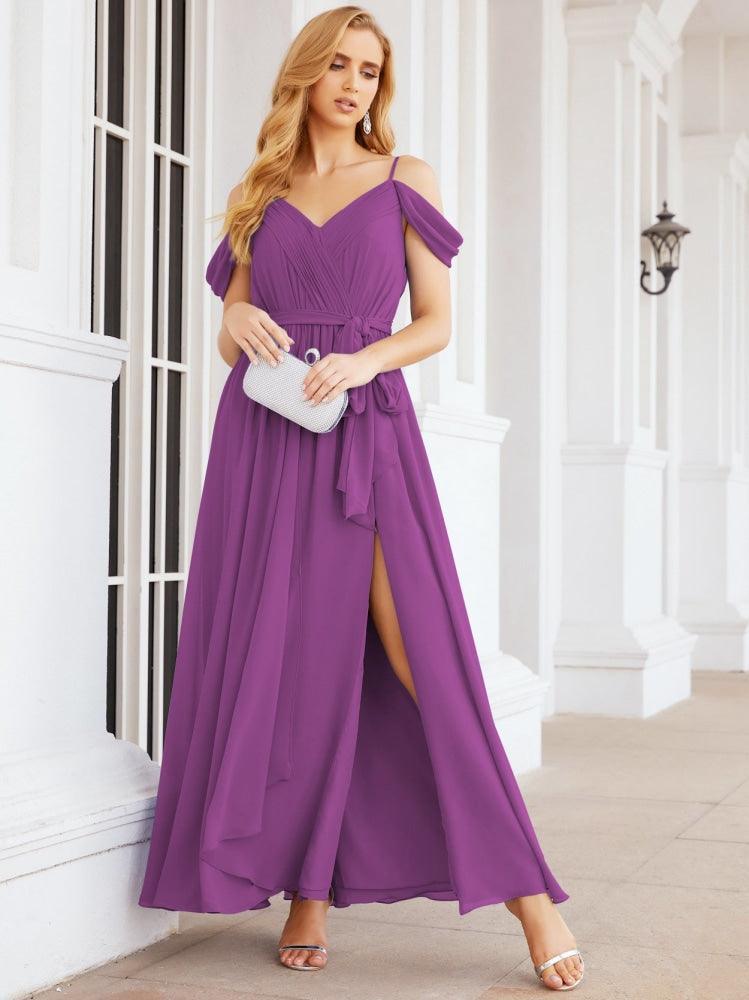 Numbersea Off The Shoulder Chiffon Bridesmaid Dress Long Formal Graduation Gown with Cowl Back 28069-numbersea