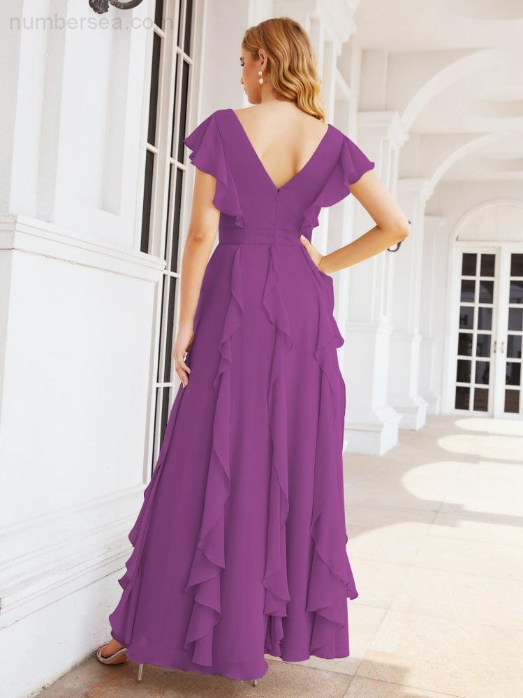 Ruffled Bridesmaid Dresses with Sleeves Long Formal Party Dress 28041-numbersea