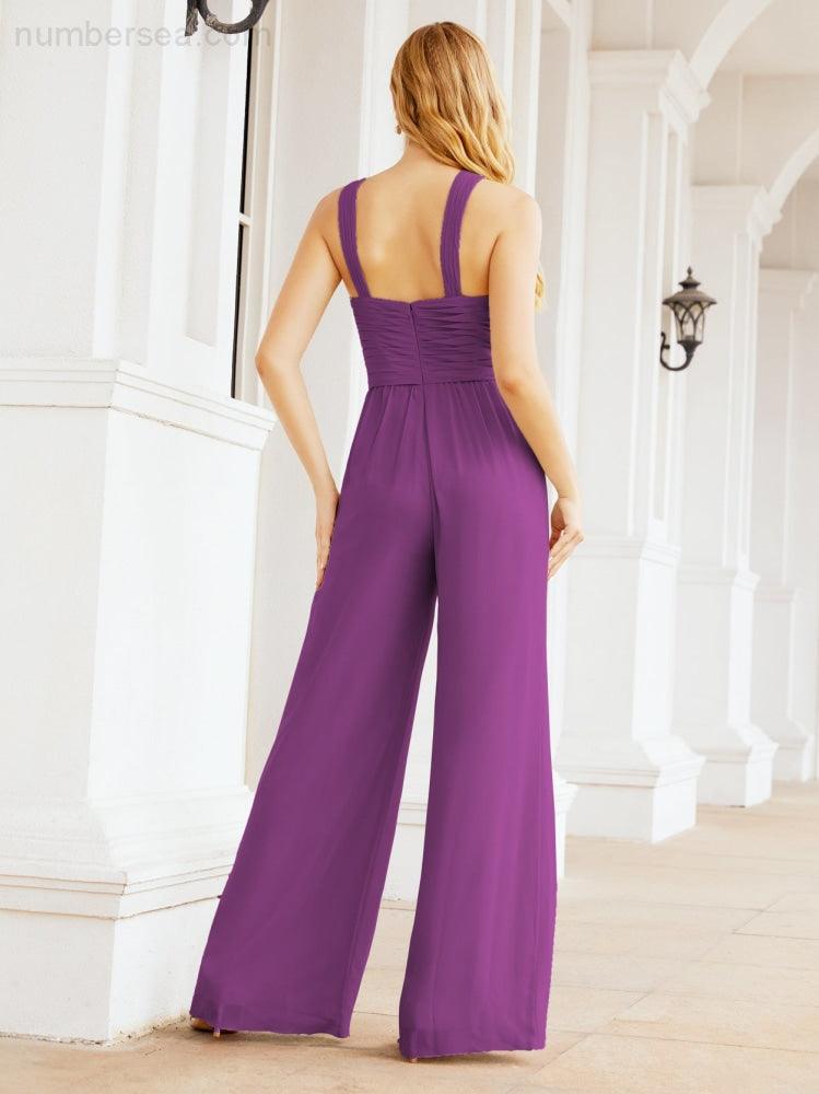 Numbersea Crisscross Neck Jumpsuit Formal Evening Dress Long Bridesmaid Dresses Bell-bottomed Pants 28033-numbersea