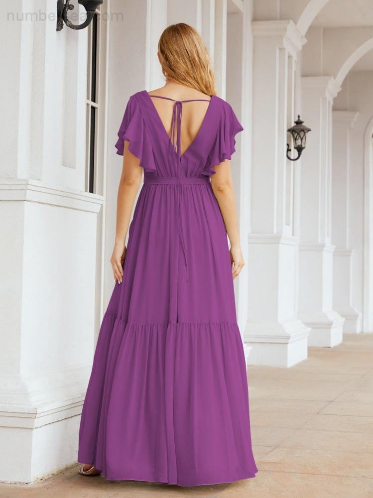 Numbersea Women's Open Back Formal Evening Party Prom Gowns V-Neck Long Chiffon Bridesmaid Dresses with Waist Belt 28038-numbersea