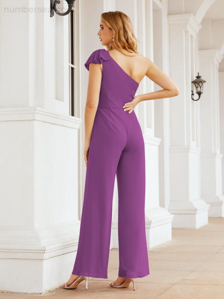 Numbersea Womens One Shoulder Chiffon Long Jumpsuit Formal Evening Dress Bridesmaid Dresses Pants