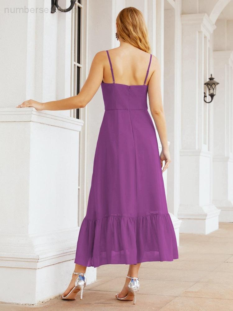 Numbersea Women Strap Chiffon Bridesmaid Dress Ankle Length Sleeveless Blackless Ruffle A Line