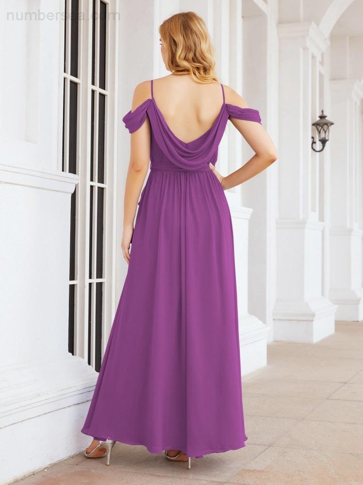 Numbersea Off The Shoulder Chiffon Bridesmaid Dress Long Formal Graduation Gown with Cowl Back 28069-numbersea