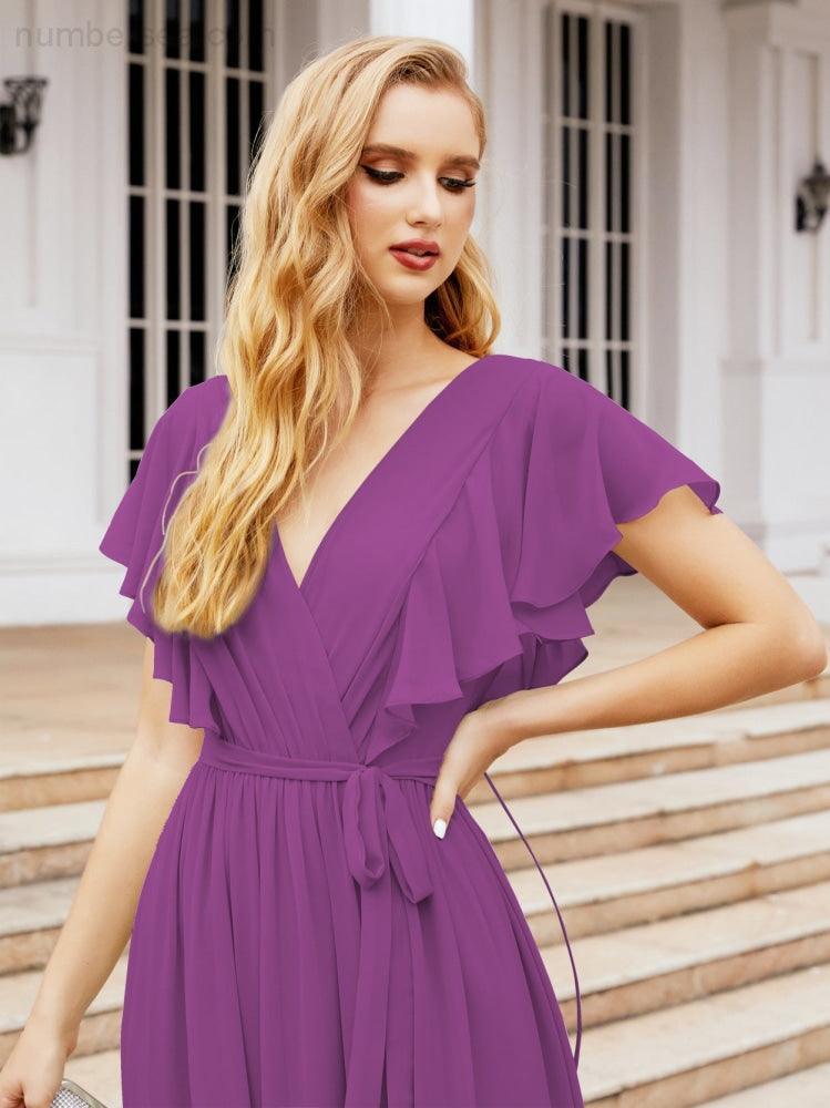 Numbersea Women's Open Back Formal Evening Party Prom Gowns V-Neck Long Chiffon Bridesmaid Dresses with Waist Belt 28038-numbersea
