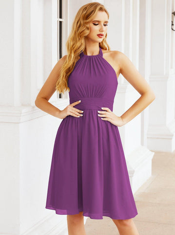 Numbersea Halter Chiffon Vestidos de dama de honor Cortos Sin mangas Vestido de fiesta formal Espalda abierta 28023 