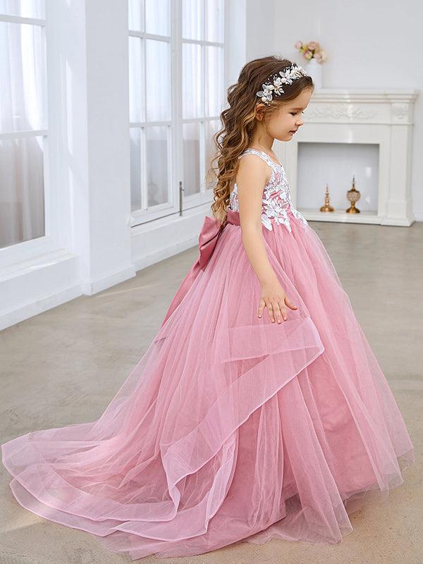 Vestido de princesa sin mangas de tul para niña de las flores con encaje y lazo rosa (010224320) 