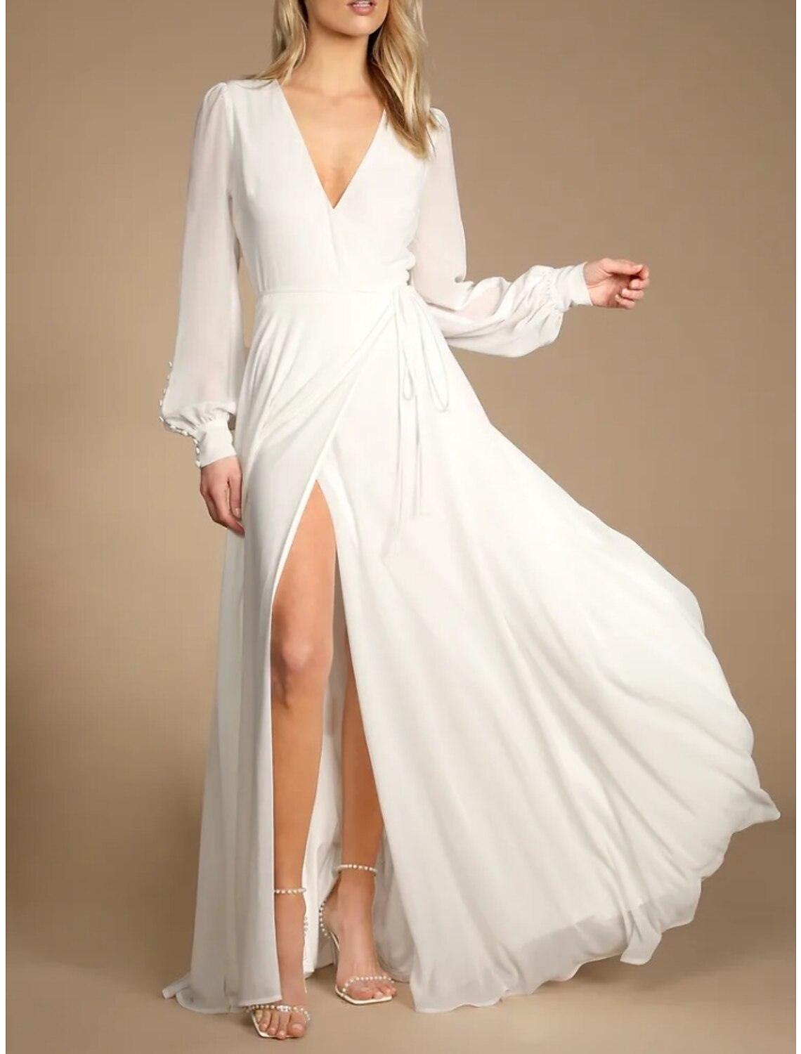 Vestidos de novia de gasa con escote en V, manga larga, largo hasta el suelo y pliegues en la parte delantera.