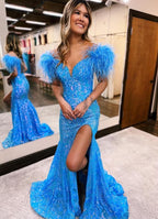 Vestidos de fiesta de sirena/trompeta con brillo y brillo, vestido formal de corte en cola, sin mangas, cuello en V, lentejuelas, espalda descubierta con abertura de lentejuelas