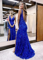 Meerjungfrau/Trompete Ballkleider Sparkle &amp; Shine Kleid Formelles Sweep/Pinselzug Ärmellos V-Ausschnitt Pailletten Rückenfrei mit Pailletten