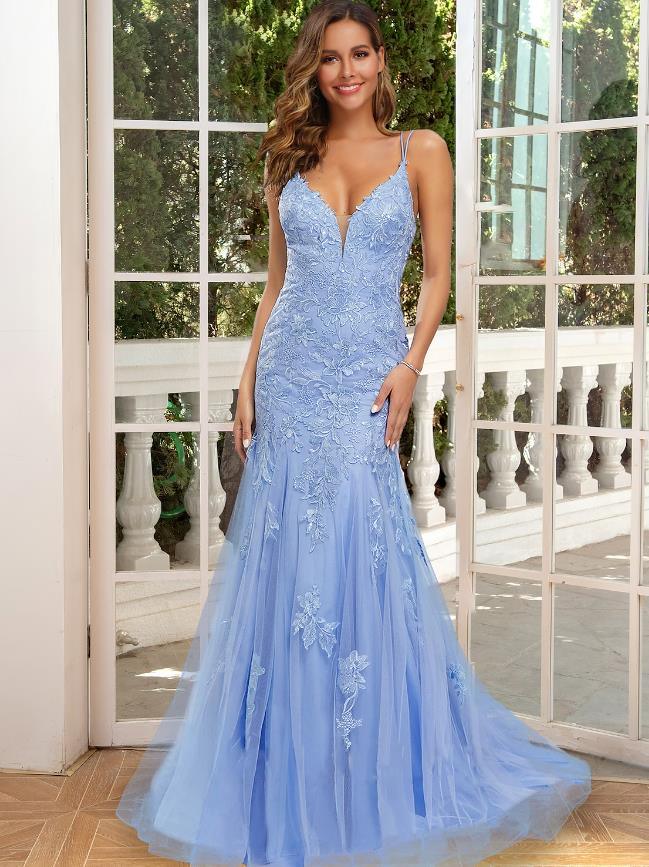 Vestidos de fiesta de sirena/trompeta, vestido floral, ropa de fiesta, cola de corte, sin mangas, tirantes finos, satén, sin espalda con apliques