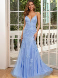 Vestidos de fiesta de sirena/trompeta, vestido floral, ropa de fiesta, cola de corte, sin mangas, tirantes finos, satén, sin espalda con apliques