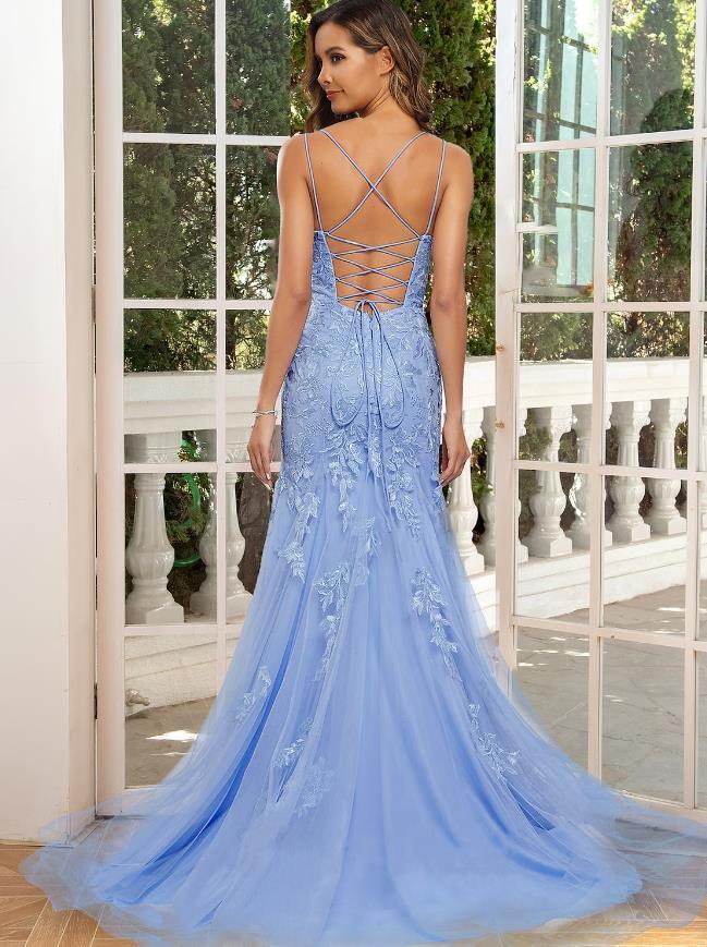 Vestidos de fiesta de sirena/trompeta, vestido floral, ropa de fiesta, cola de corte, sin mangas, tirantes finos, satén, sin espalda con apliques