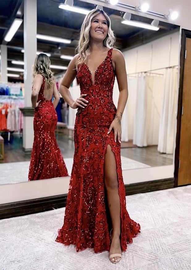 Meerjungfrau/Trompete Ballkleider Sparkle &amp; Shine Kleid Formelles Sweep/Pinselzug Ärmellos V-Ausschnitt Pailletten Rückenfrei mit Pailletten