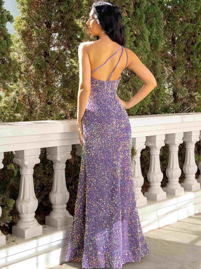 Vestidos de fiesta de tubo/columna, brillantes y con brillo, para fiesta, hasta el suelo, sin mangas, un hombro, con lentejuelas y abertura con lentejuelas