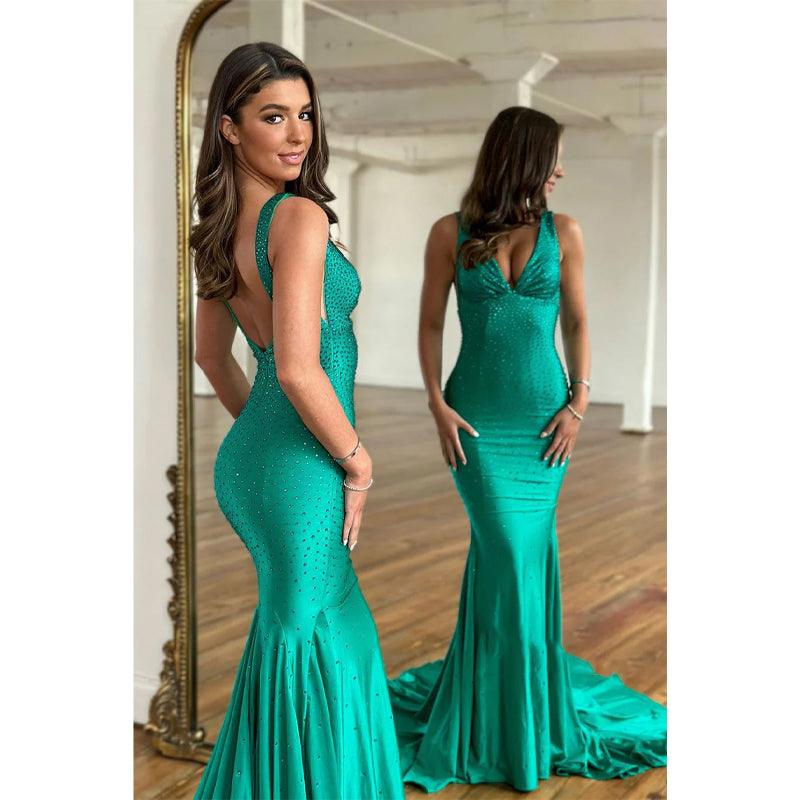 Vestido de fiesta de sirena con cuentas y escote en V sexy para mujer