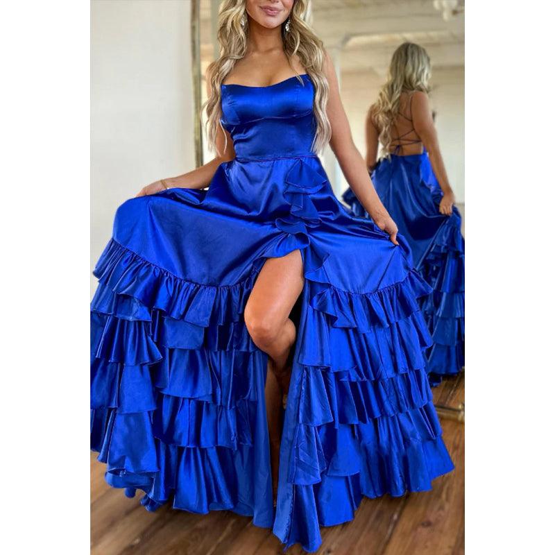 Vestido de noche para fiesta, graduación, corte A, con tirantes finos, capas y abertura lateral 