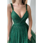 Vestido de fiesta largo verde brillante con lentejuelas y tirantes finos para mujer con bolsillos 