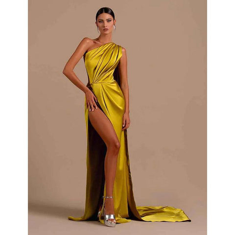 Unique One Shoulder High Split Long Formal Party Dress