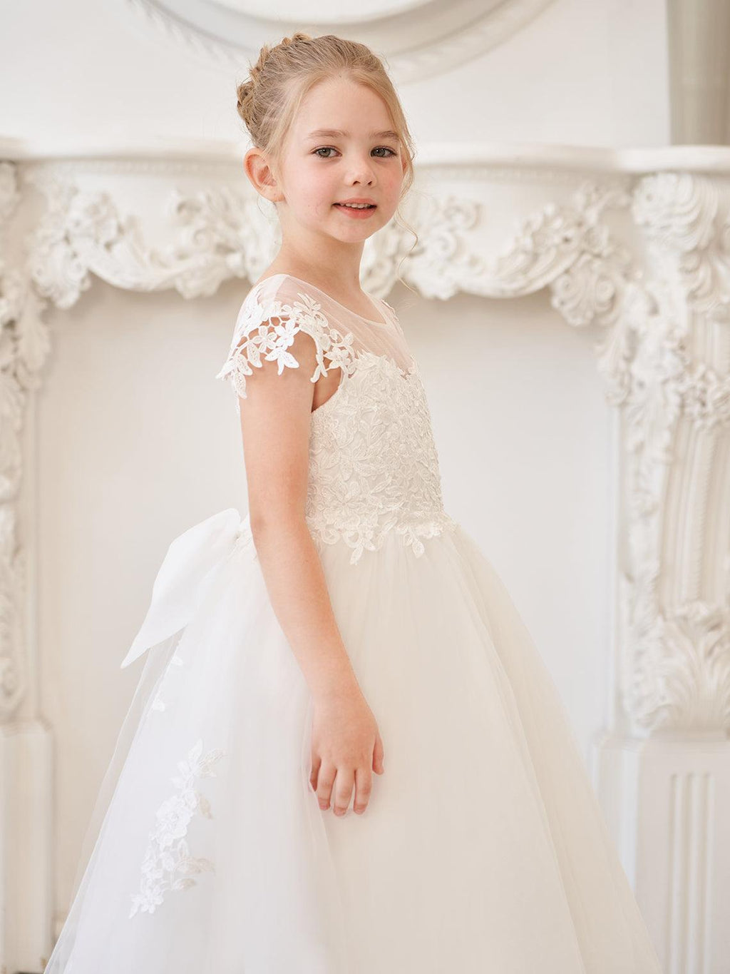 Vestido de princesa para primera comunión de niña de las flores, color marfil, con cola desmontable 
