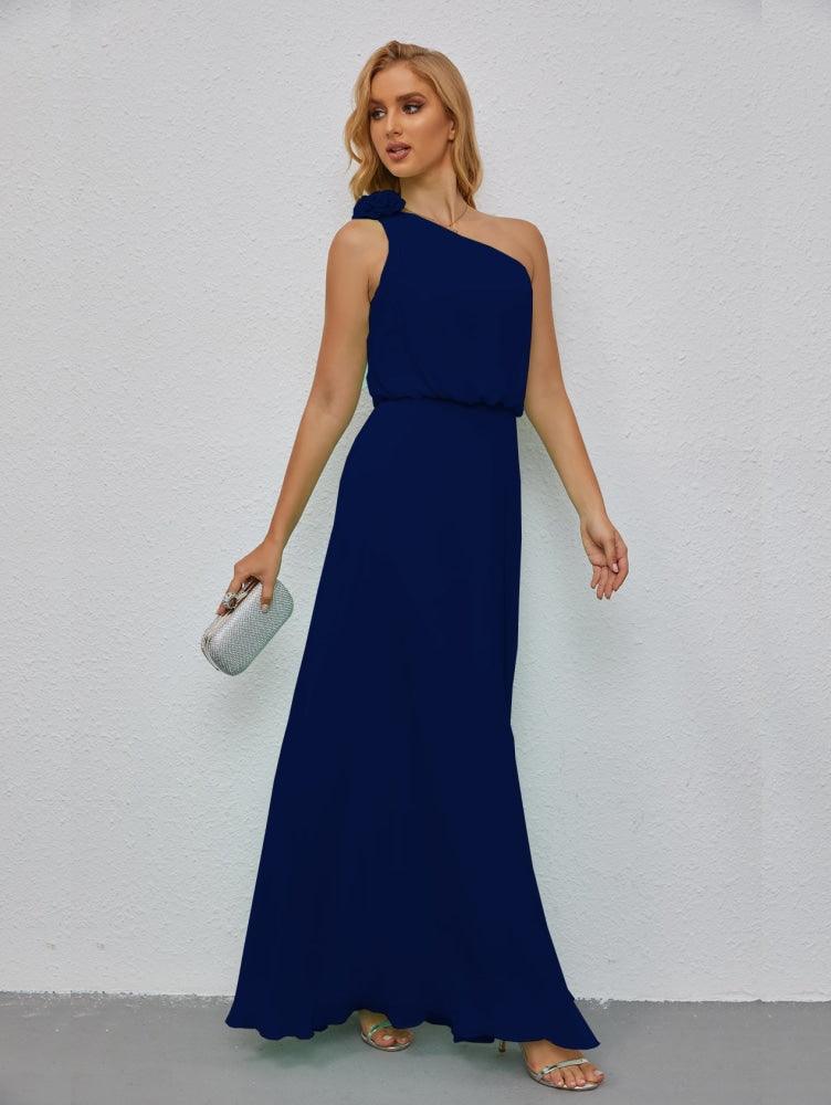 Ruffled One Shoulder Sleeveless Long Bridesmaid Dresses A-line Formal Evening Gown Side Split 28080-numbersea