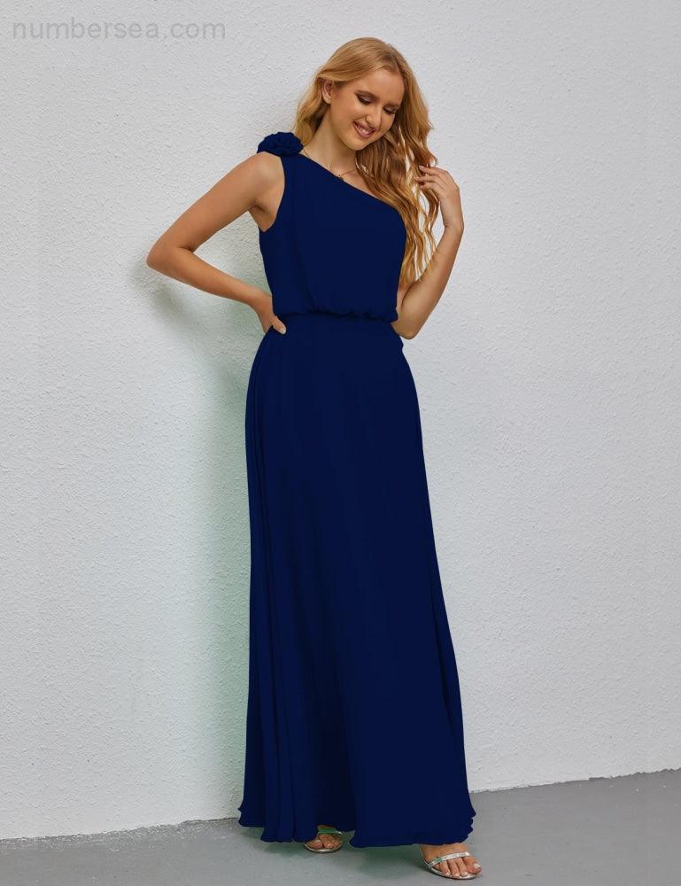 Ruffled One Shoulder Sleeveless Long Bridesmaid Dresses A-line Formal Evening Gown Side Split 28080-numbersea