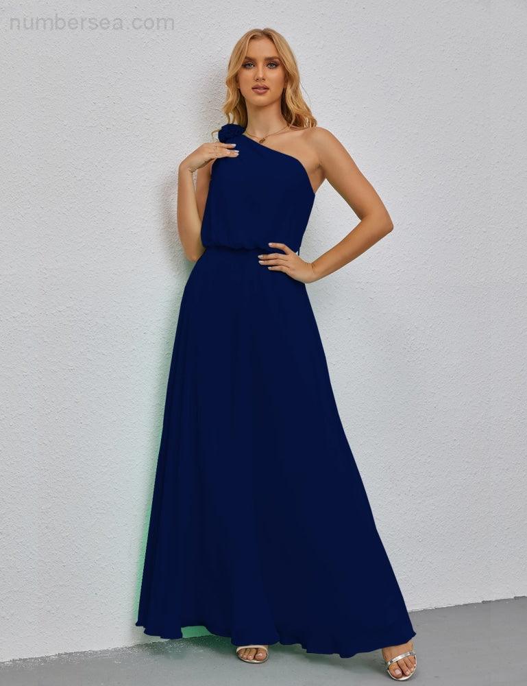 Ruffled One Shoulder Sleeveless Long Bridesmaid Dresses A-line Formal Evening Gown Side Split 28080-numbersea