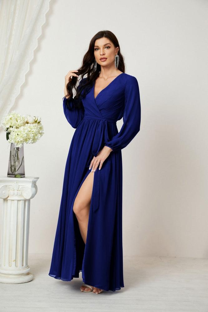 Numbersea Evening Dresses Deep V-Neck Chiffon Bridesmaid Dresses Long Bishop Sleeve Side Split Formal Dress 2806-numbersea