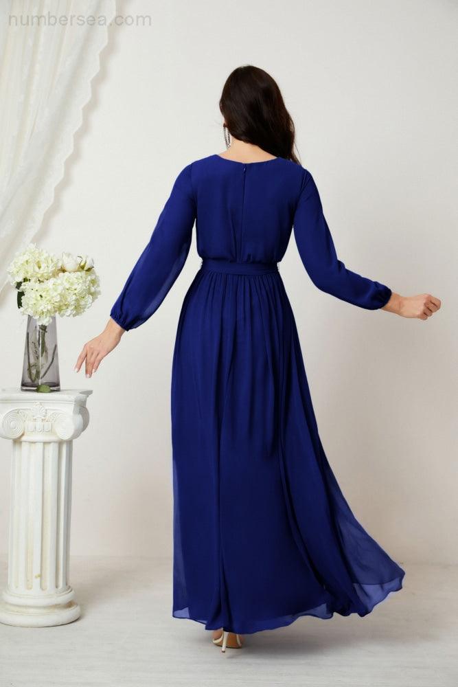 Numbersea Evening Dresses Deep V-Neck Chiffon Bridesmaid Dresses Long Bishop Sleeve Side Split Formal Dress 2806-numbersea