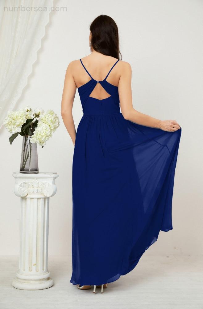 Numbersea Neck Bridesmaid Dresses Chiffon Long Spaghetti A-line Formal Prom Gown for Wedding Party Evening 2801-numbersea
