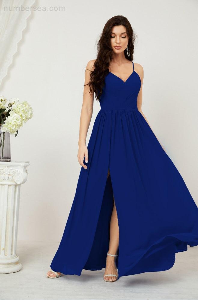 Numbersea Neck Bridesmaid Dresses Chiffon Long Spaghetti A-line Formal Prom Gown for Wedding Party Evening 2801-numbersea