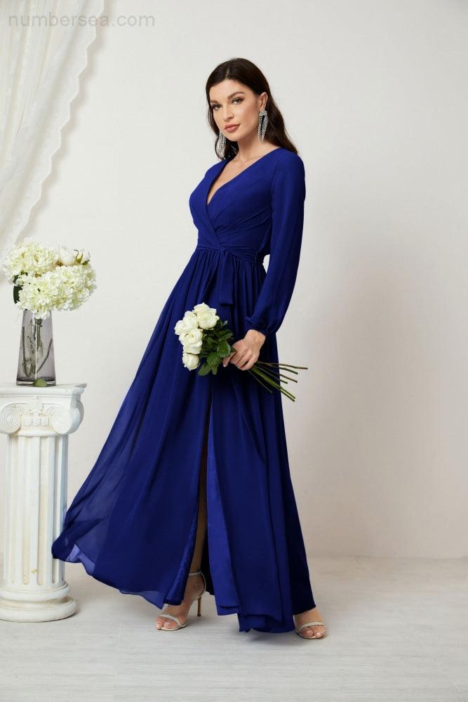 Numbersea Evening Dresses Deep V-Neck Chiffon Bridesmaid Dresses Long Bishop Sleeve Side Split Formal Dress 2806-numbersea