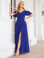 Numbersea Cold Shoulder Long Bridesmaid Dresses Side Slit Formal Prom Gowns Party Wedding 28070-numbersea