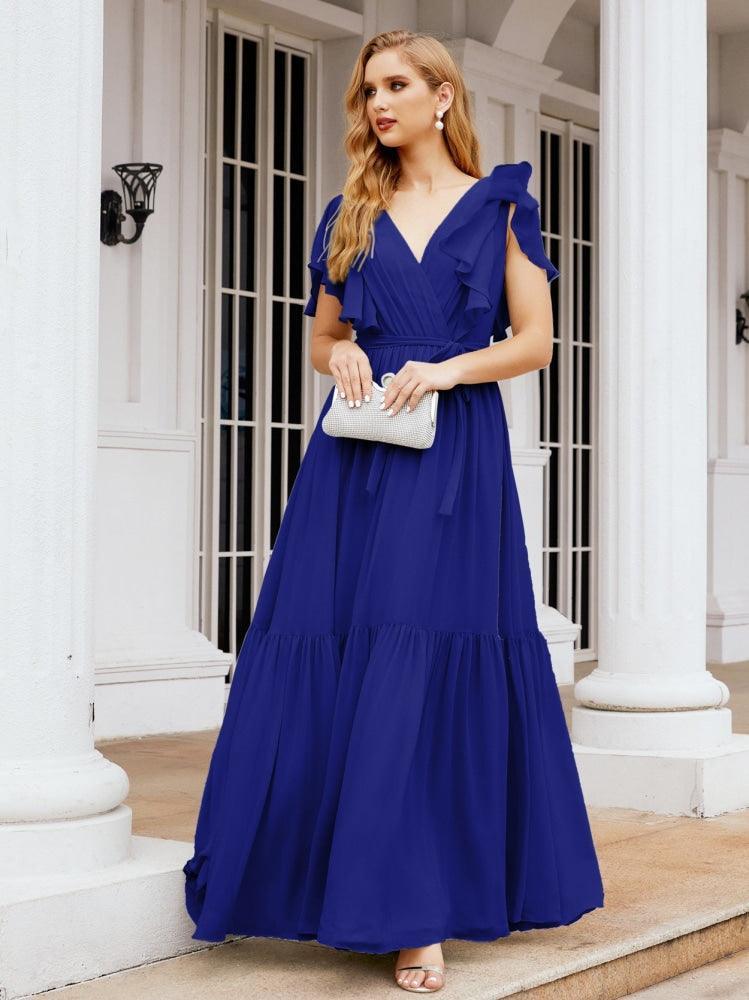 Numbersea Women's Open Back Formal Evening Party Prom Gowns V-Neck Long Chiffon Bridesmaid Dresses with Waist Belt 28038-numbersea