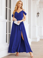 Numbersea Off The Shoulder Chiffon Bridesmaid Dress Long Formal Graduation Gown with Cowl Back 28069-numbersea
