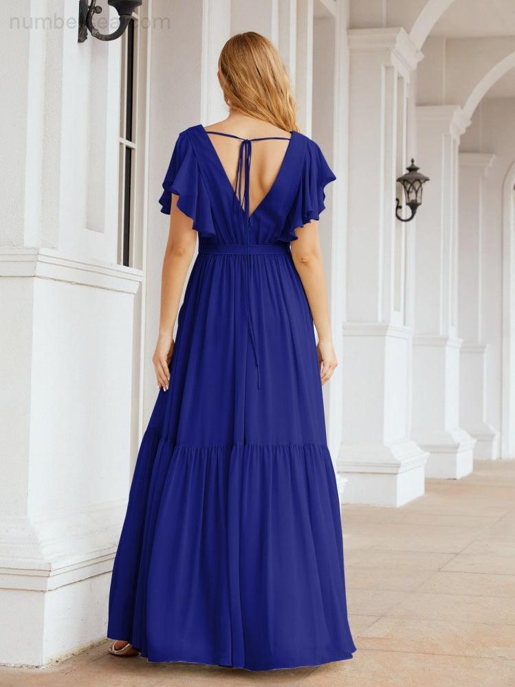 Numbersea Women's Open Back Formal Evening Party Prom Gowns V-Neck Long Chiffon Bridesmaid Dresses with Waist Belt 28038-numbersea
