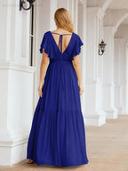 Numbersea Women's Open Back Formal Evening Party Prom Gowns V-Neck Long Chiffon Bridesmaid Dresses with Waist Belt 28038-numbersea