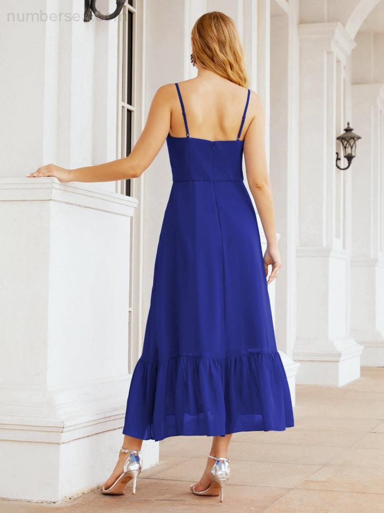 Numbersea Women Strap Chiffon Bridesmaid Dress Ankle Length Sleeveless Blackless Ruffle A Line