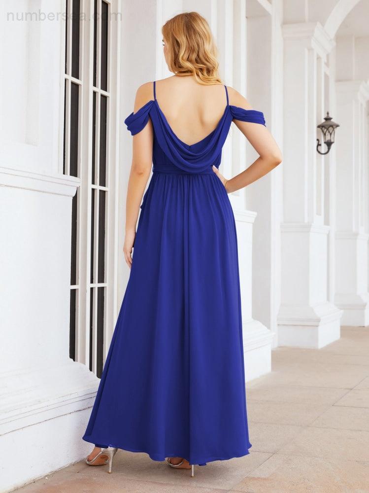 Numbersea Off The Shoulder Chiffon Bridesmaid Dress Long Formal Graduation Gown with Cowl Back 28069-numbersea